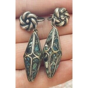 VTG S Silver Screw-back Earrings Crushed Turquoise Inlay Dangle Artisan Floral